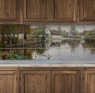 Tile mural with countryside lake scene, ducks, geese, and rustic cottages